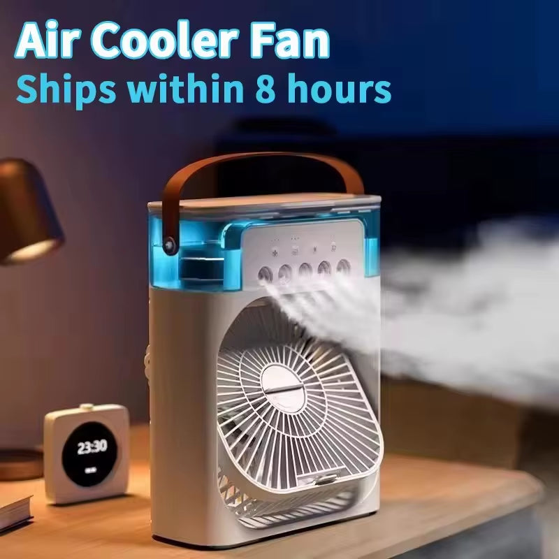 Portable Humidifier Fan Three in One, Mini USB Air Conditioning Fan, LED Night Light, Water Mist, Home Fun Air Cooler Humidifier